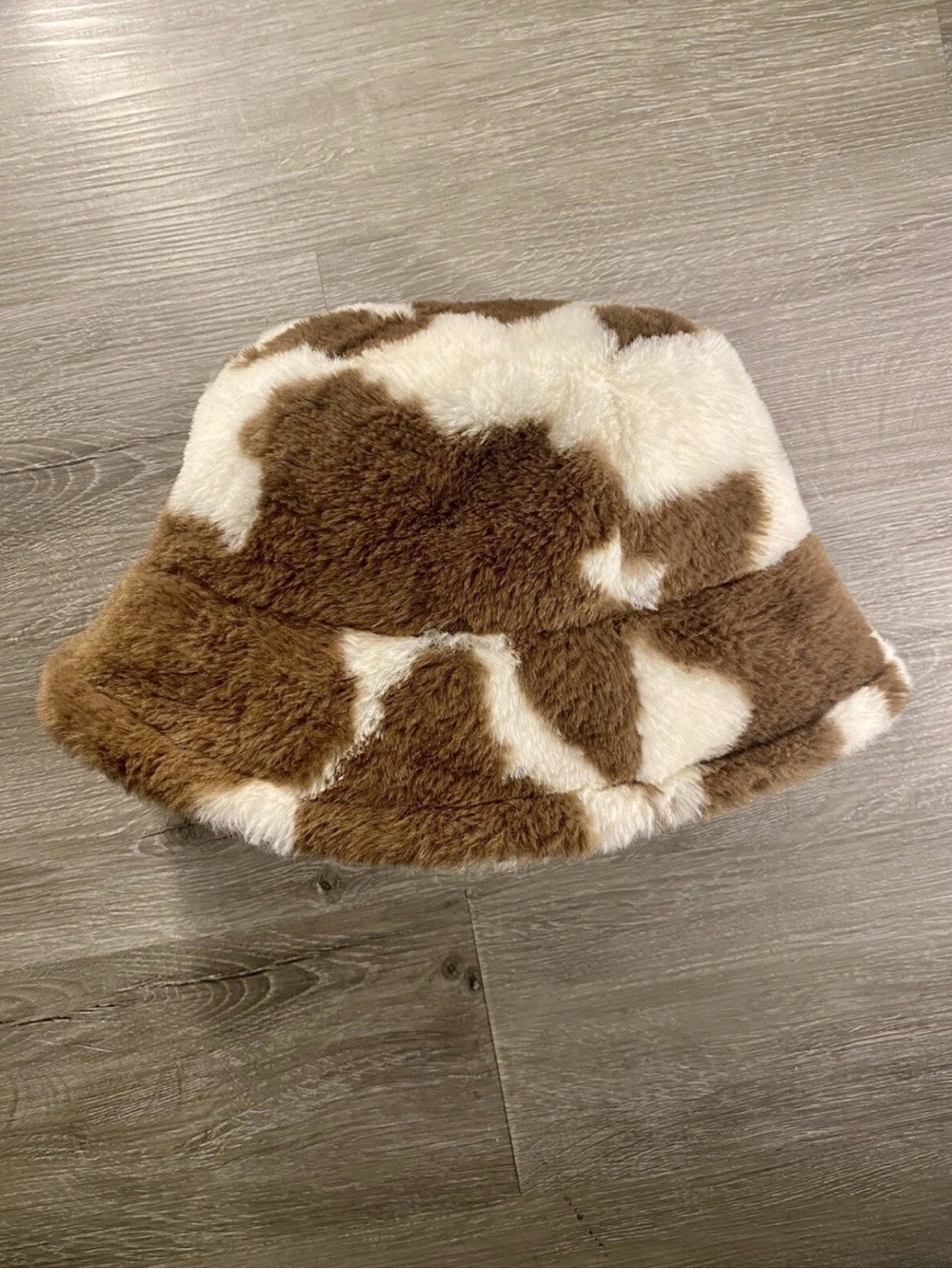 Vintage Brown & Cream Faux Fur Cow Print Bucket Hat